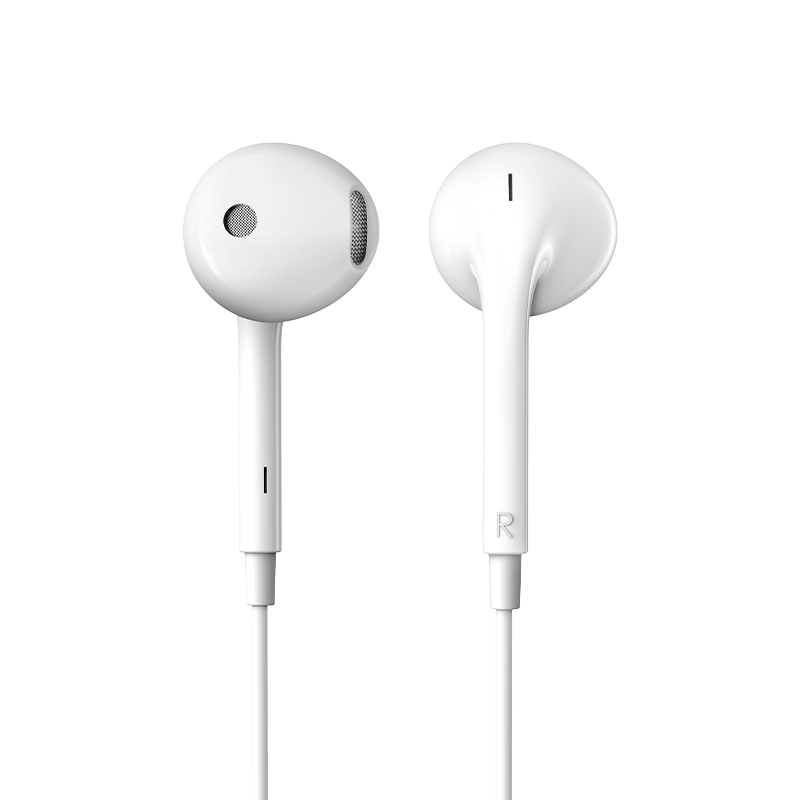 a white P180 Plus wired earbuds