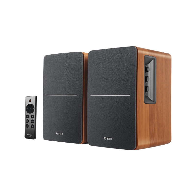 two black edifier r1280dbs bookshelf speakers